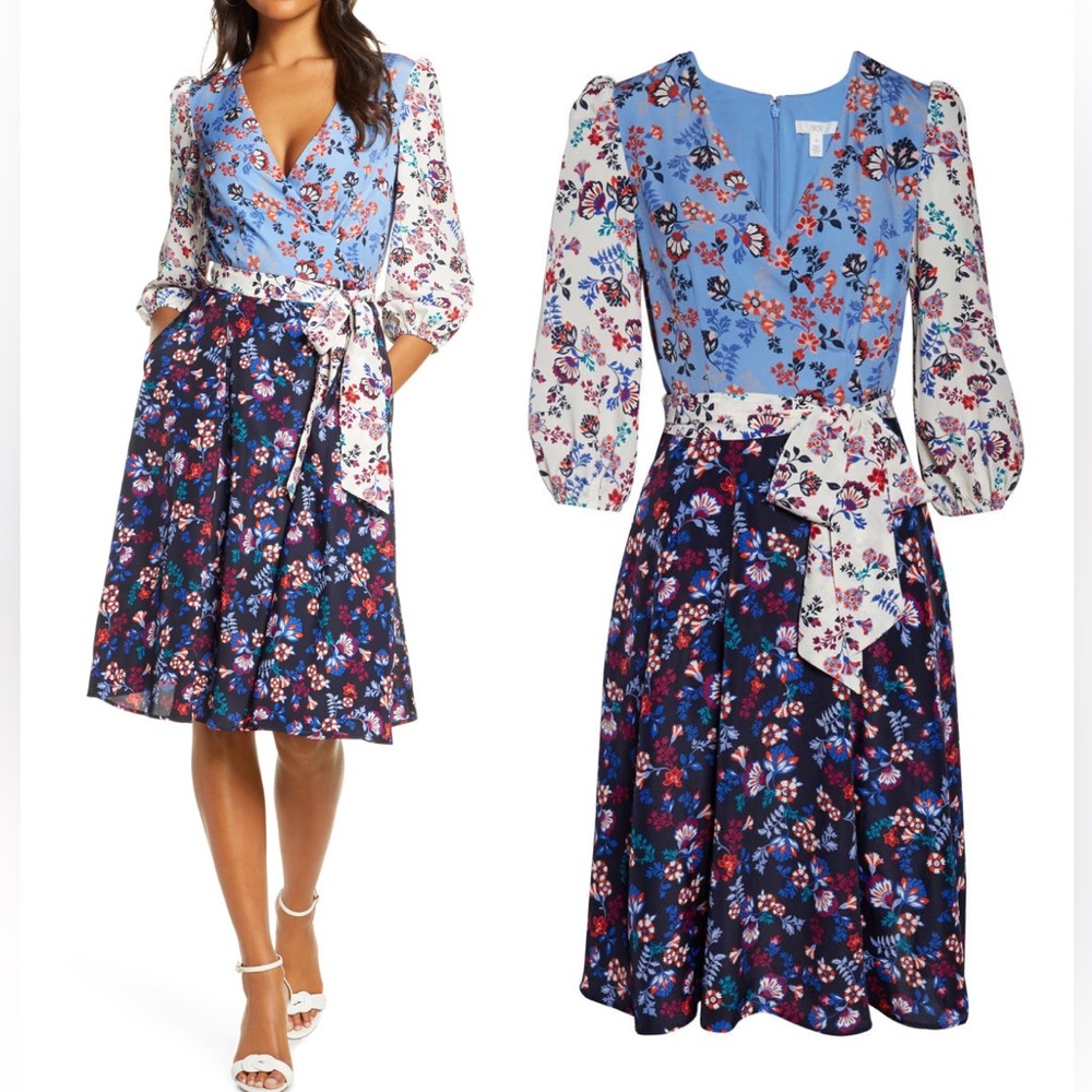 1901 Blue Floral Patchwork Wrap Dress
